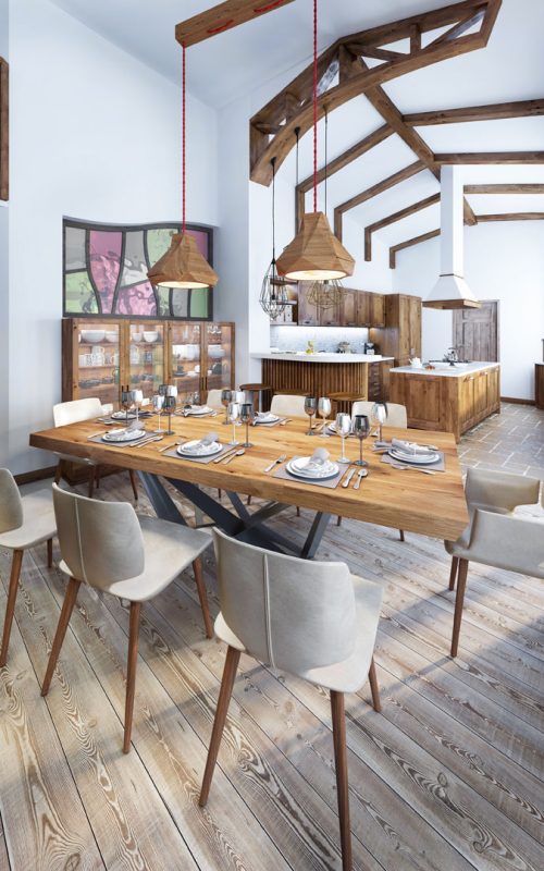 Dining room with a modern country-style kitchen. Serving a wooden table for eight people. 3D render.